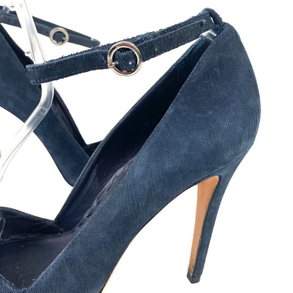 ALICE + OLIVIA Makayla Navy Blue Kid Suede Ankle Strap Stilettos - Picture 8 of 11